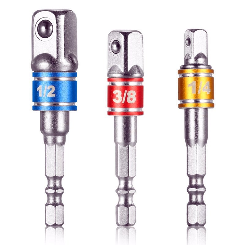 Fruholt 3-Piece Socket Adapter Extension Set, 1/4, 3/8, 1/2 Inch Hex Shank, Impact Grade, Power Drill to Socket Converter - Image 1